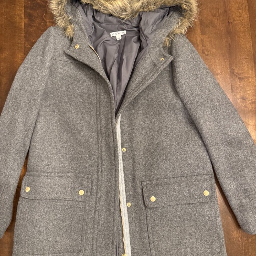 J.Crew Factory Women’s Gray Peacoat with Fur-Trim Hood – Size 6